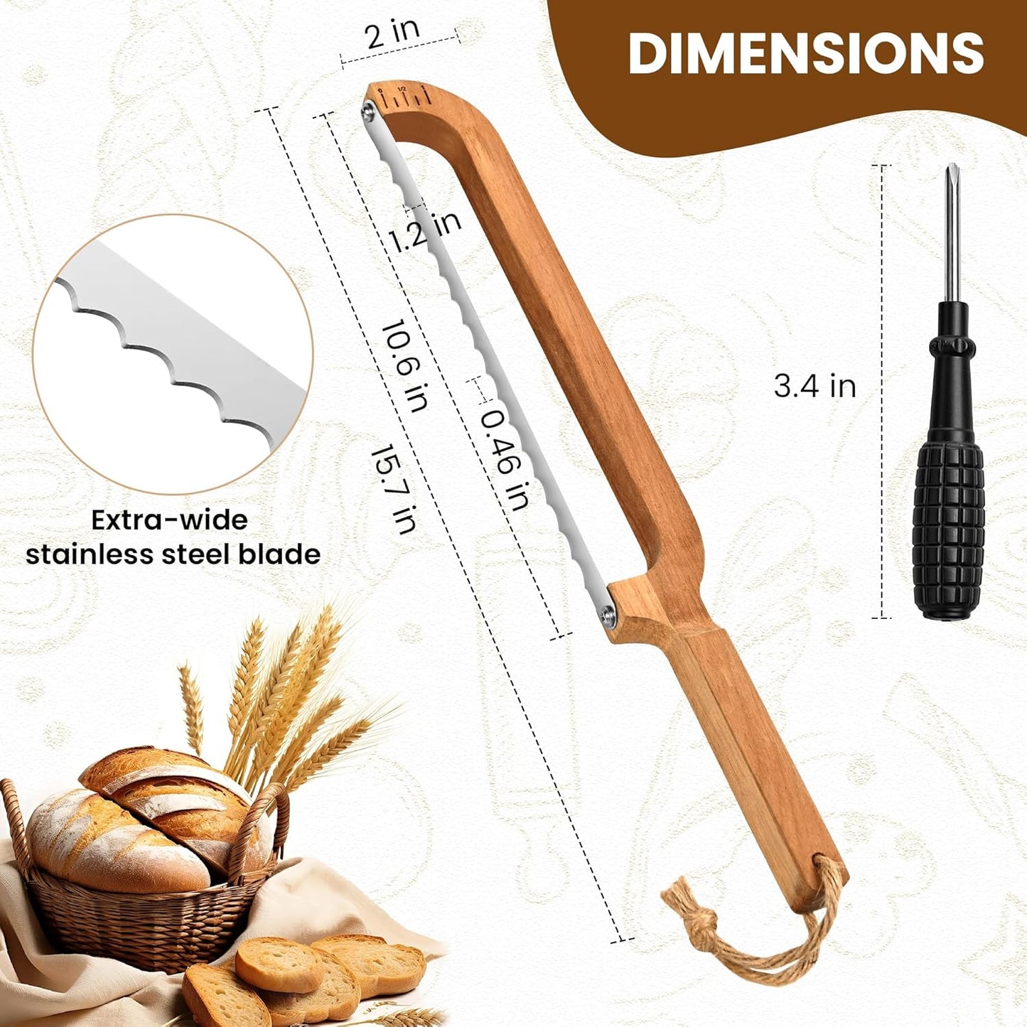 16" Wooden Bow Bread Knife with Measuring Scale – Fiddle Bow Slicer for Homemade Bread & Sourdough, Serrated Stainless Steel Bread Saw for Artisan Loaves, Bagels & Baguettes