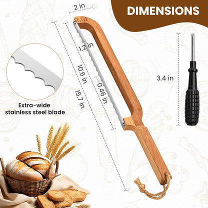 16" Wooden Bow Bread Knife with Measuring Scale – Fiddle Bow Slicer for Homemade Bread & Sourdough, Serrated Stainless Steel Bread Saw for Artisan Loaves, Bagels & Baguettes