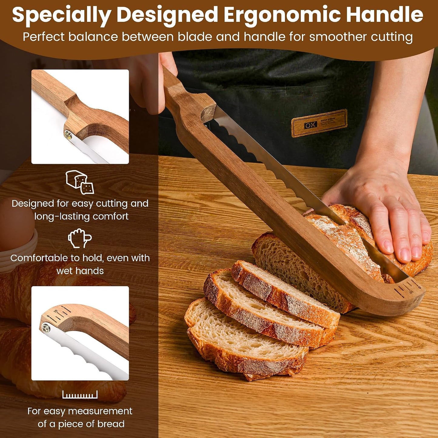 16" Wooden Bow Bread Knife with Measuring Scale – Fiddle Bow Slicer for Homemade Bread & Sourdough, Serrated Stainless Steel Bread Saw for Artisan Loaves, Bagels & Baguettes