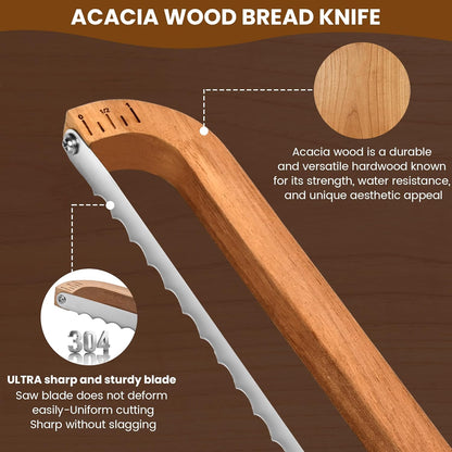 16" Wooden Bow Bread Knife with Measuring Scale – Fiddle Bow Slicer for Homemade Bread & Sourdough, Serrated Stainless Steel Bread Saw for Artisan Loaves, Bagels & Baguettes