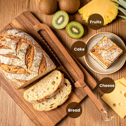 16" Wooden Bow Bread Knife with Measuring Scale – Fiddle Bow Slicer for Homemade Bread & Sourdough, Serrated Stainless Steel Bread Saw for Artisan Loaves, Bagels & Baguettes