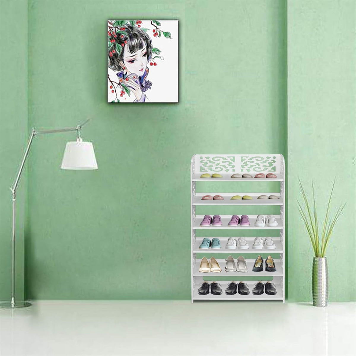 Wood-Plastic Board Six Tiers Carved Shoe Rack White B