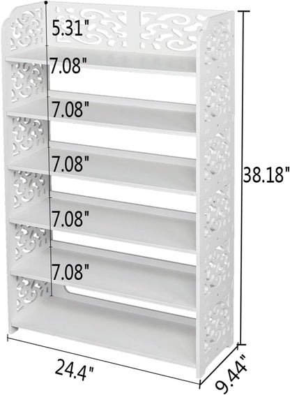 Wood-Plastic Board Six Tiers Carved Shoe Rack White B
