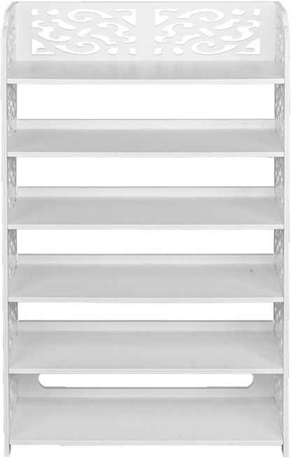 Wood-Plastic Board Six Tiers Carved Shoe Rack White B