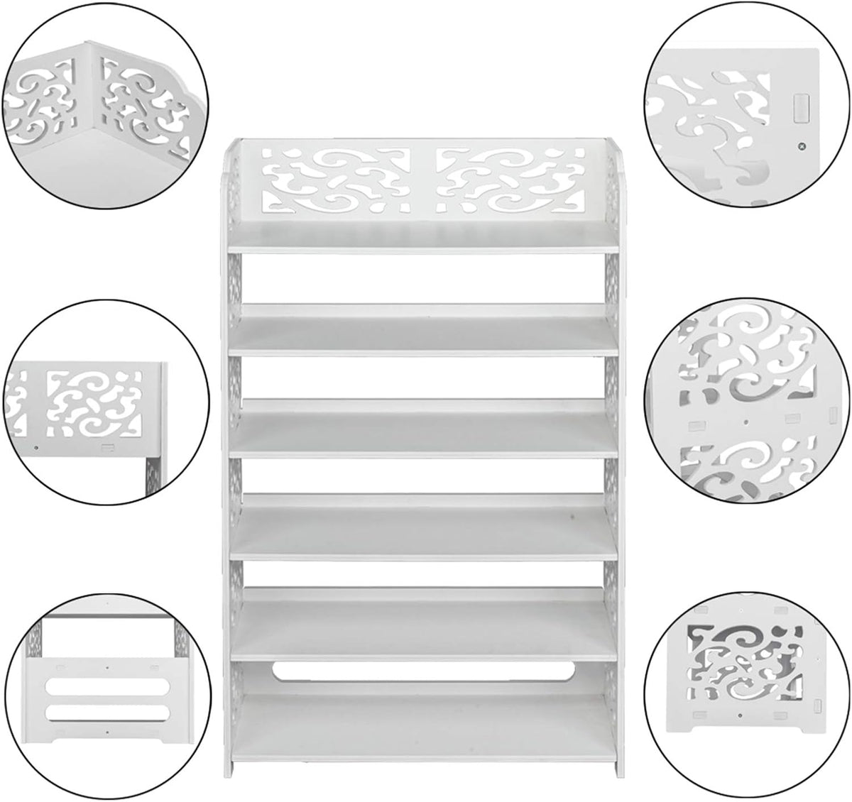 Wood-Plastic Board Six Tiers Carved Shoe Rack White B