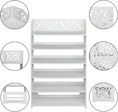 Wood-Plastic Board Six Tiers Carved Shoe Rack White B