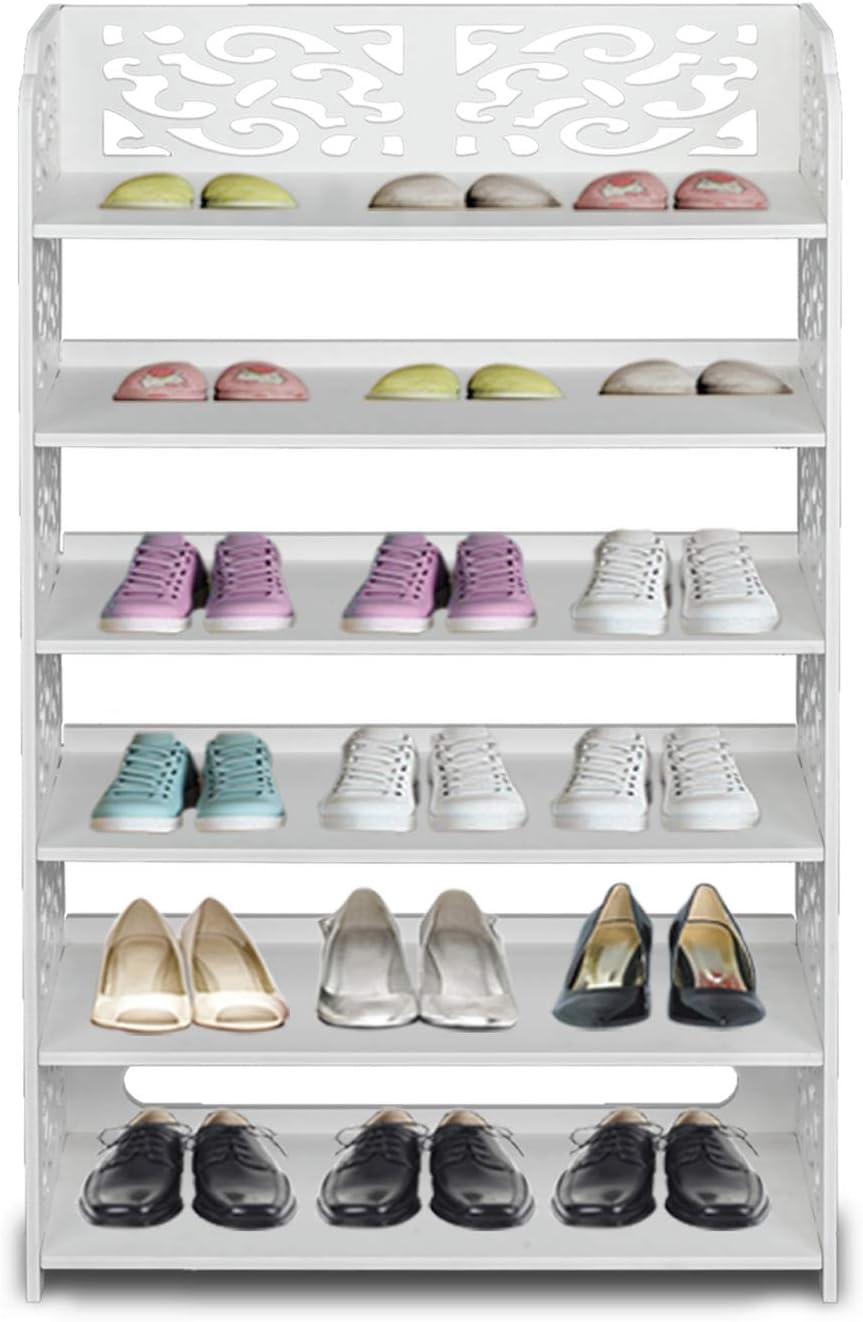 Wood-Plastic Board Six Tiers Carved Shoe Rack White B