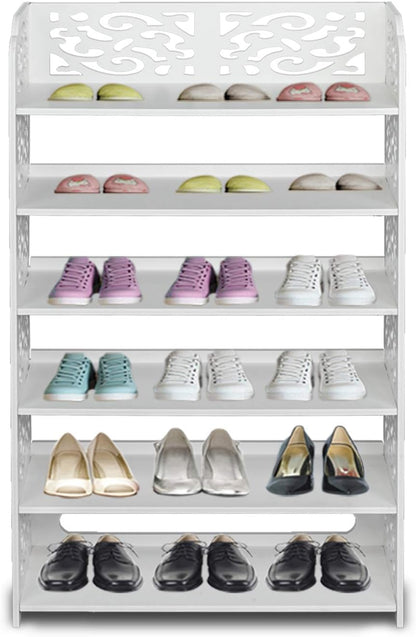 Wood-Plastic Board Six Tiers Carved Shoe Rack White B