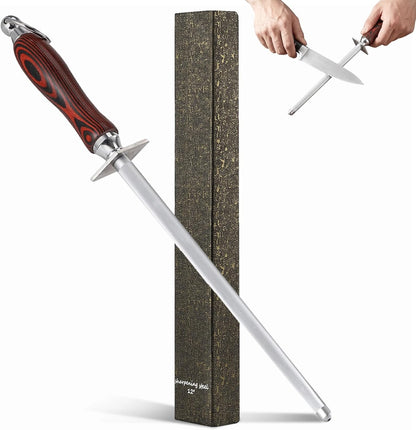 12 in Honing Steel Sharpener Rod, High Carbon Steel Honing Tool with Comfortable Wooden Handle and Hanging Ring, Manual Kitchen Sharpener for Kitchen Cutters Sharpening Maintenance