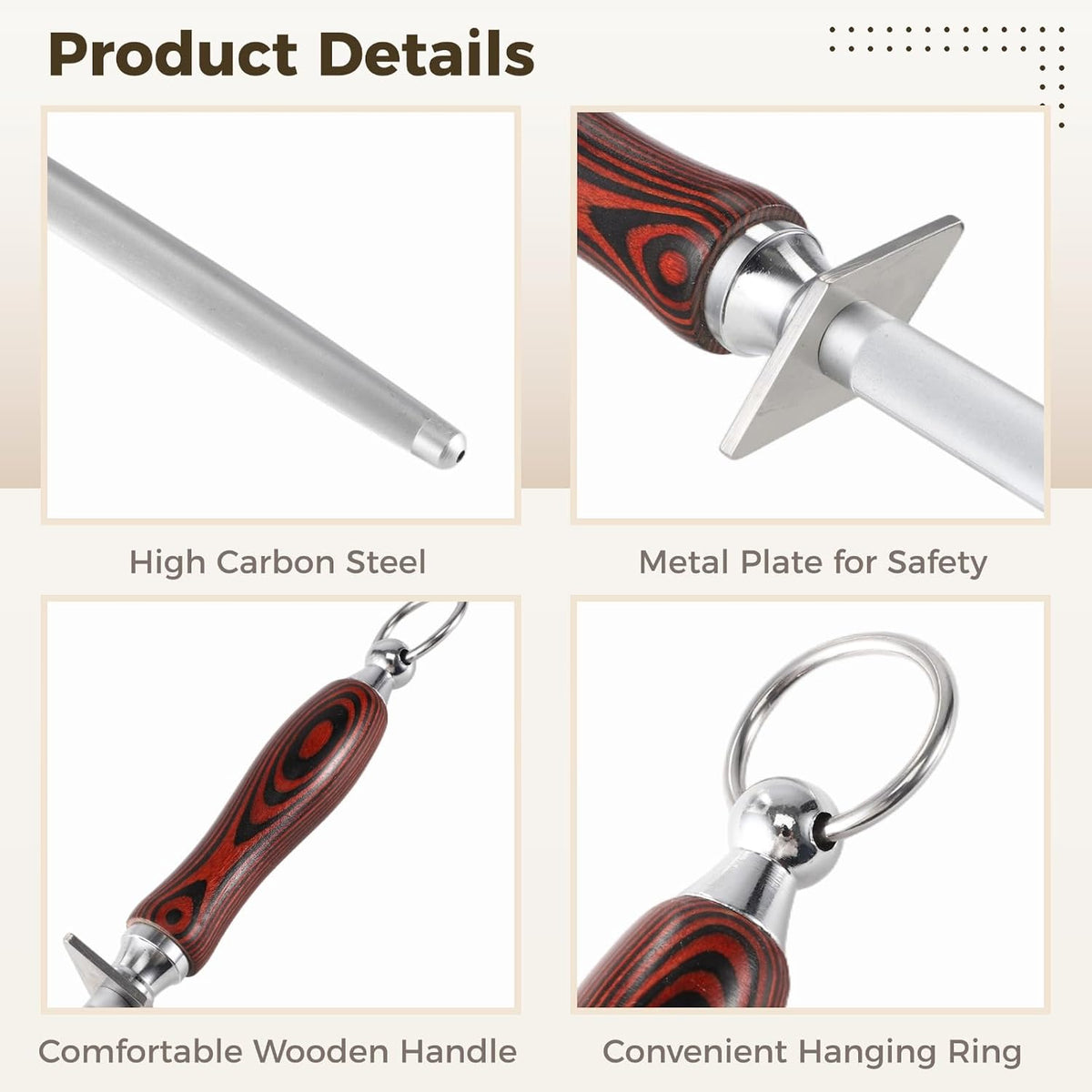 12 in Honing Steel Sharpener Rod, High Carbon Steel Honing Tool with Comfortable Wooden Handle and Hanging Ring, Manual Kitchen Sharpener for Kitchen Cutters Sharpening Maintenance