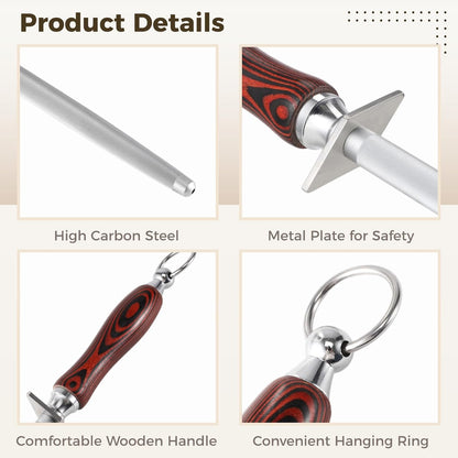 12 in Honing Steel Sharpener Rod, High Carbon Steel Honing Tool with Comfortable Wooden Handle and Hanging Ring, Manual Kitchen Sharpener for Kitchen Cutters Sharpening Maintenance