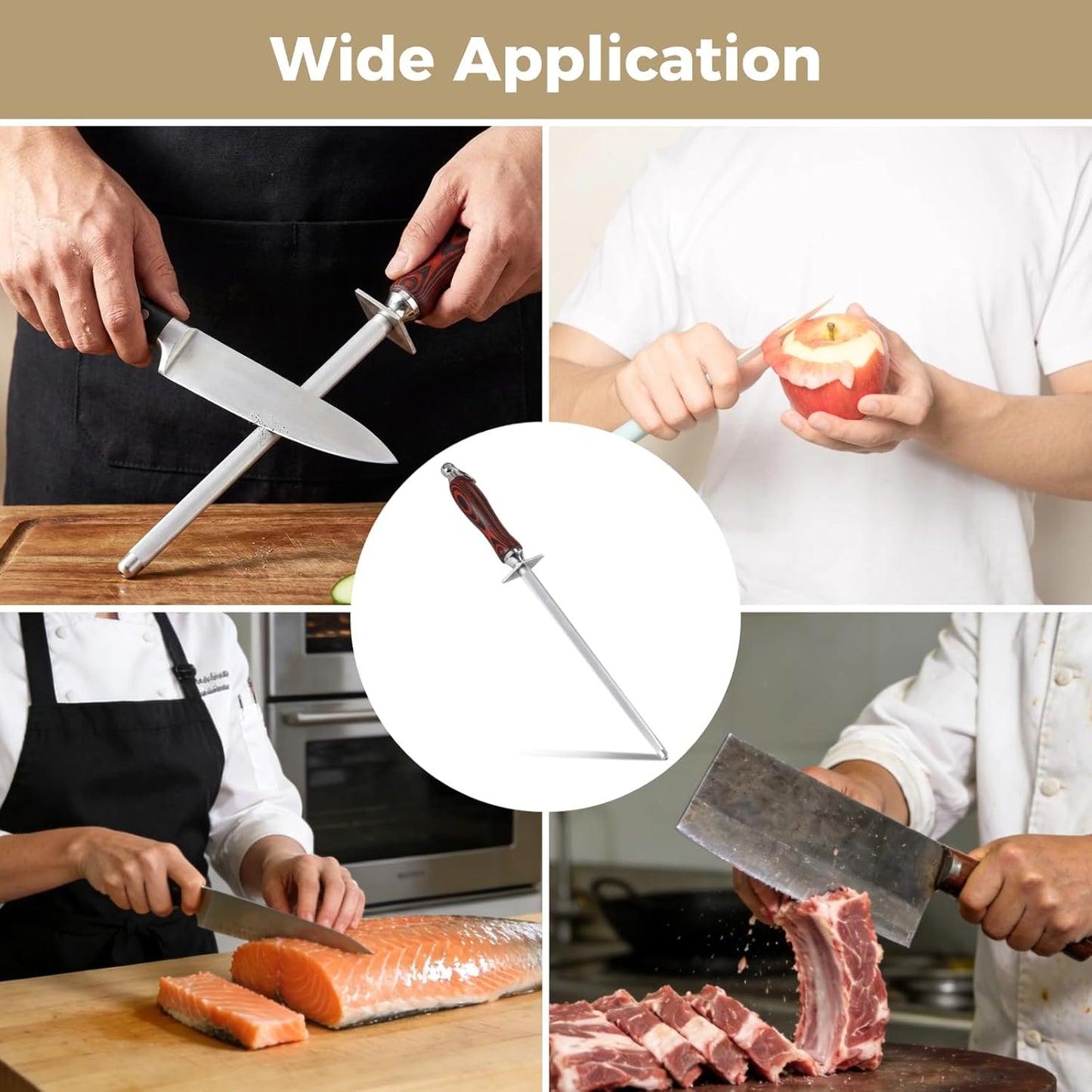 12 in Honing Steel Sharpener Rod, High Carbon Steel Honing Tool with Comfortable Wooden Handle and Hanging Ring, Manual Kitchen Sharpener for Kitchen Cutters Sharpening Maintenance