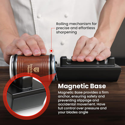Invictus Knife Sharpener Pro - Professional Rolling Knife Sharpener Kit with Diamond and Ceramic Discs - Fast & Safe Manual Knife Sharpener with Magnetic Base, 15° & 20° Angles for Razor-Sharp Edge