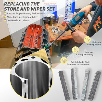 15500 Stone and Wiper Set for Wear Parts Replacement for 1500 Engine Cylinder Hone, Complete 4-Piece 80-Grit Honing Stones