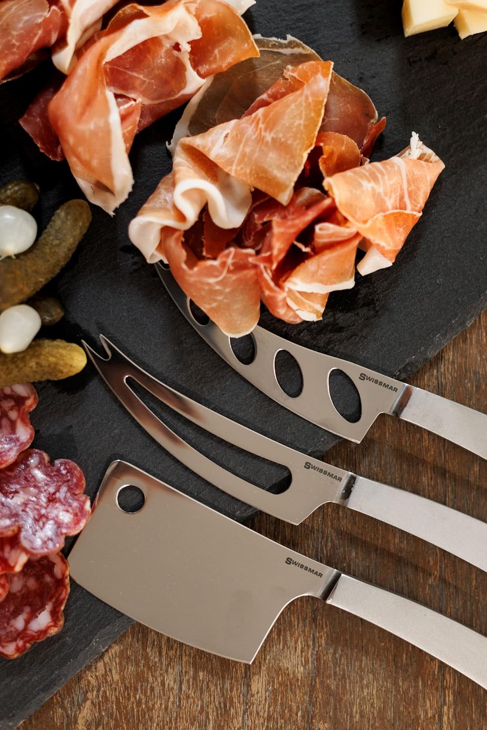 Barcelona Moist Cheese Knife – 8.2" Stainless Steel Blade with Sand-Blasted Handle – Non-Stick Blade with Fork Tip – Ideal for Brie, Camembert, Blue & Feta – Stylish Cheese Board Knife