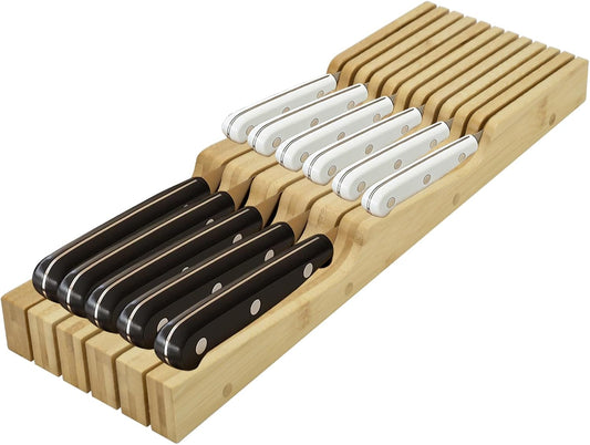 Knife Drawer Organizer, Bamboo In-Drawer Knife Block Organizer Kitchen Steak Knives Holder Organizer for Drawer, 11 Knives Slots (11 Knives Slots)