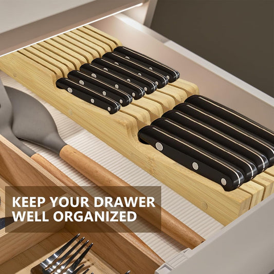 Knife Drawer Organizer, Bamboo In-Drawer Knife Block Organizer Kitchen Steak Knives Holder Organizer for Drawer, 11 Knives Slots (11 Knives Slots)