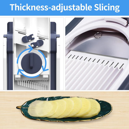 5 in 1 Adjustable Safe Mandoline Slicer for Kitchen with Paring Knife | Safe Mandoline Slicer for Kitchen, Easy to Clean/Storage, Potato Slicing, Strips, Shredding, Dicing, Chop, Cleaning brush