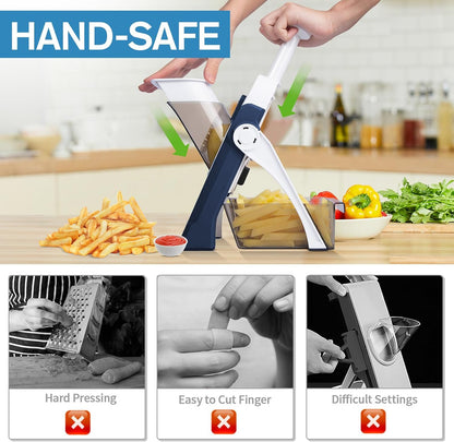 5 in 1 Adjustable Safe Mandoline Slicer for Kitchen with Paring Knife | Safe Mandoline Slicer for Kitchen, Easy to Clean/Storage, Potato Slicing, Strips, Shredding, Dicing, Chop, Cleaning brush