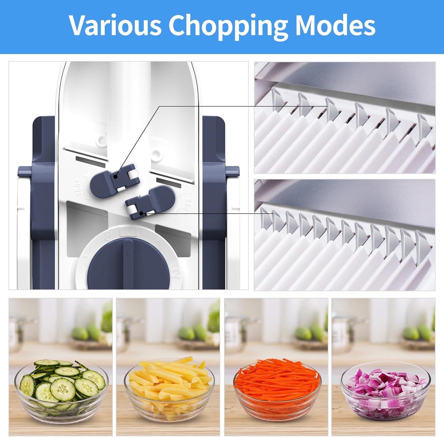 5 in 1 Adjustable Safe Mandoline Slicer for Kitchen with Paring Knife | Safe Mandoline Slicer for Kitchen, Easy to Clean/Storage, Potato Slicing, Strips, Shredding, Dicing, Chop, Cleaning brush