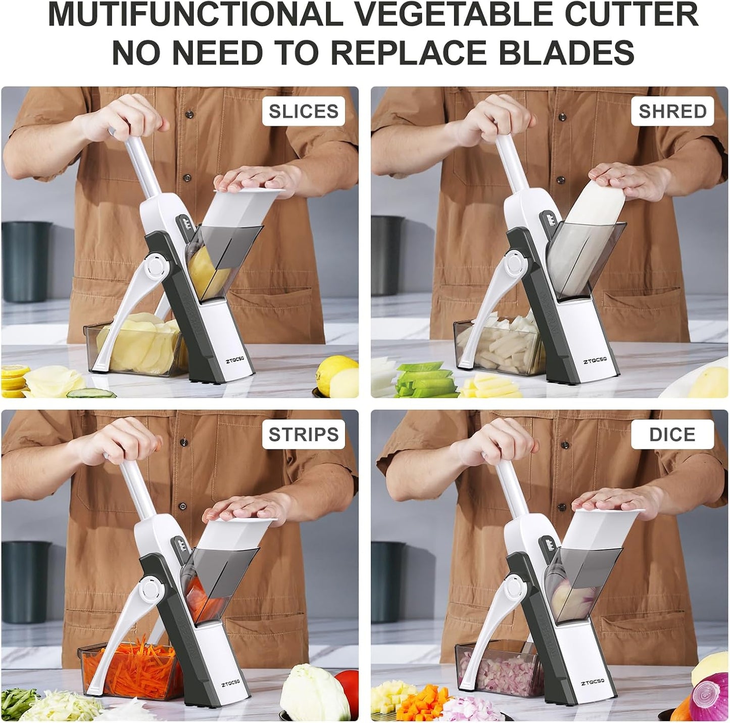 5 in 1 Adjustable Safe Mandoline Slicer for Kitchen with Paring Knife | Safe Mandoline Slicer for Kitchen, Easy to Clean/Storage, Potato Slicing, Strips, Shredding, Dicing, Chop, Cleaning brush