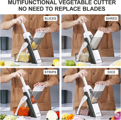 5 in 1 Adjustable Safe Mandoline Slicer for Kitchen with Paring Knife | Safe Mandoline Slicer for Kitchen, Easy to Clean/Storage, Potato Slicing, Strips, Shredding, Dicing, Chop, Cleaning brush