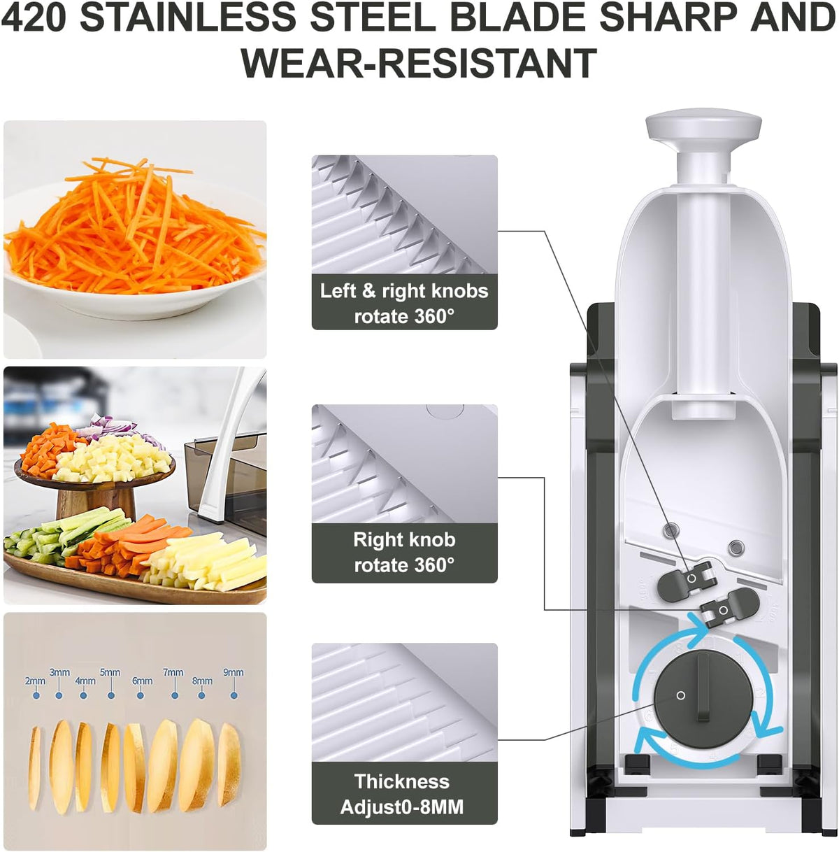 5 in 1 Adjustable Safe Mandoline Slicer for Kitchen with Paring Knife | Safe Mandoline Slicer for Kitchen, Easy to Clean/Storage, Potato Slicing, Strips, Shredding, Dicing, Chop, Cleaning brush
