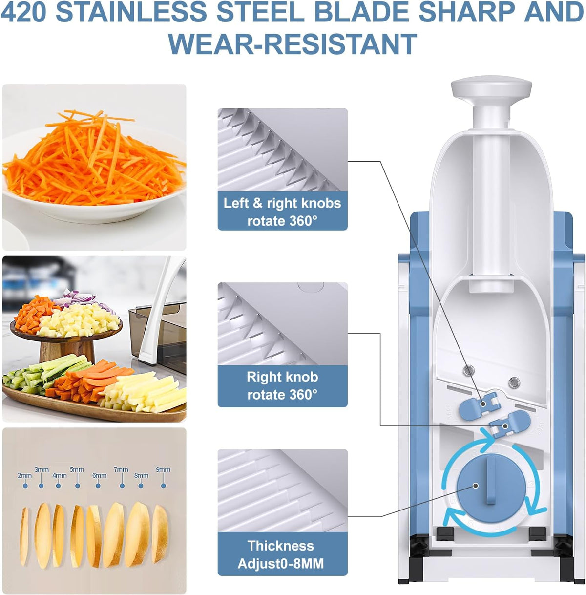 5 in 1 Adjustable Safe Mandoline Slicer for Kitchen with Paring Knife | Safe Mandoline Slicer for Kitchen, Easy to Clean/Storage, Potato Slicing, Strips, Shredding, Dicing, Chop, Cleaning brush