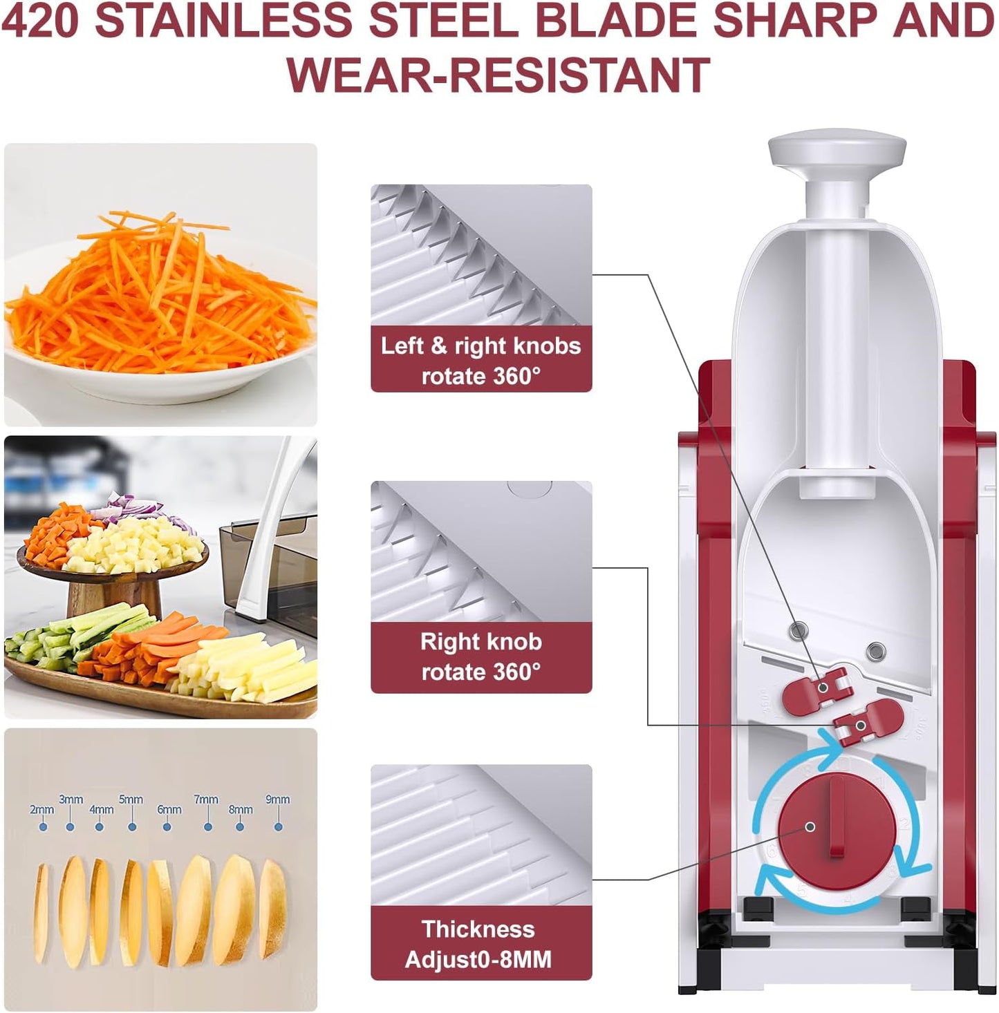 5 in 1 Adjustable Safe Mandoline Slicer for Kitchen with Paring Knife | Safe Mandoline Slicer for Kitchen, Easy to Clean/Storage, Potato Slicing, Strips, Shredding, Dicing, Chop, Cleaning brush