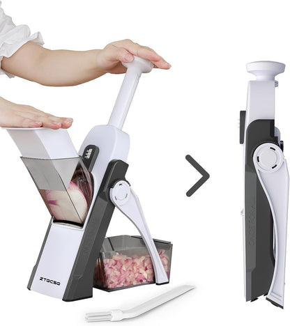 5 in 1 Adjustable Safe Mandoline Slicer for Kitchen with Paring Knife | Safe Mandoline Slicer for Kitchen, Easy to Clean/Storage, Potato Slicing, Strips, Shredding, Dicing, Chop, Cleaning brush