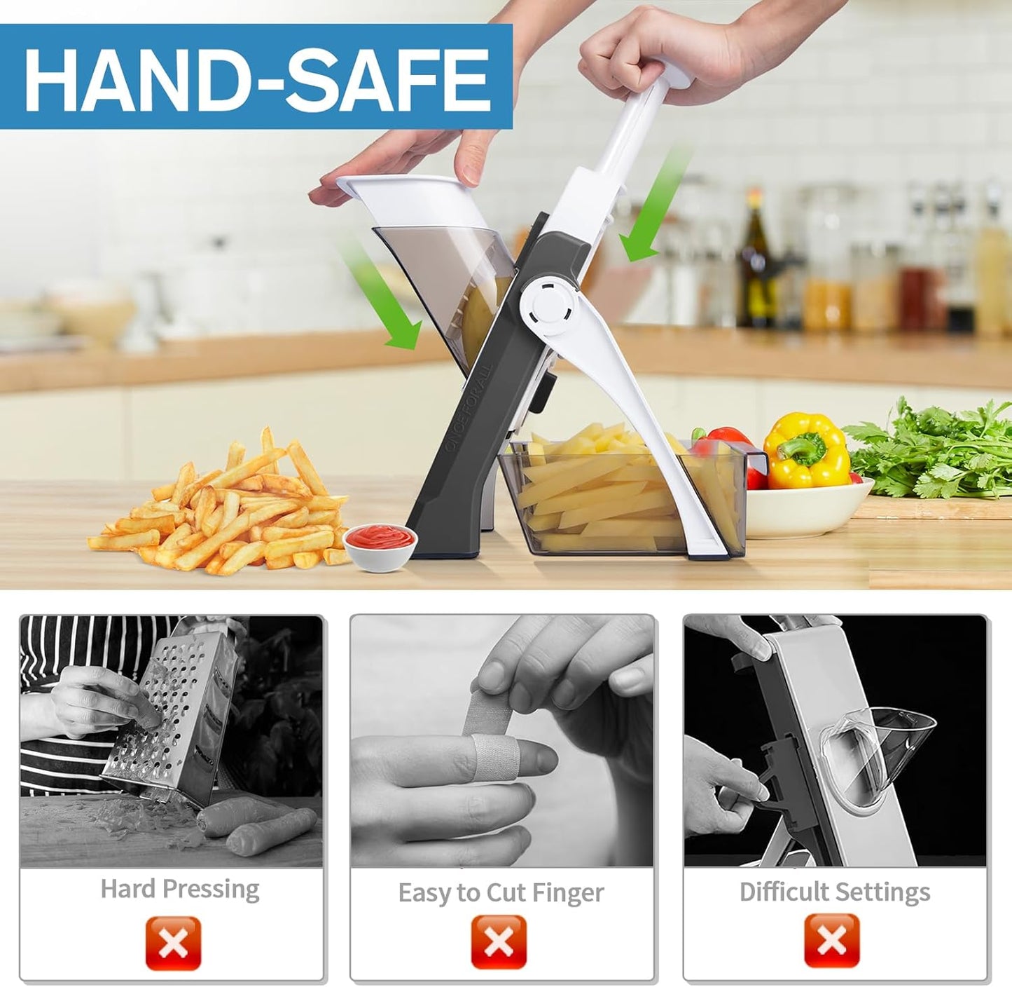 5 in 1 Adjustable Safe Mandoline Slicer for Kitchen with Paring Knife | Safe Mandoline Slicer for Kitchen, Easy to Clean/Storage, Potato Slicing, Strips, Shredding, Dicing, Chop, Cleaning brush