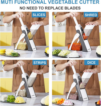5 in 1 Adjustable Safe Mandoline Slicer for Kitchen with Paring Knife | Safe Mandoline Slicer for Kitchen, Easy to Clean/Storage, Potato Slicing, Strips, Shredding, Dicing, Chop, Cleaning brush