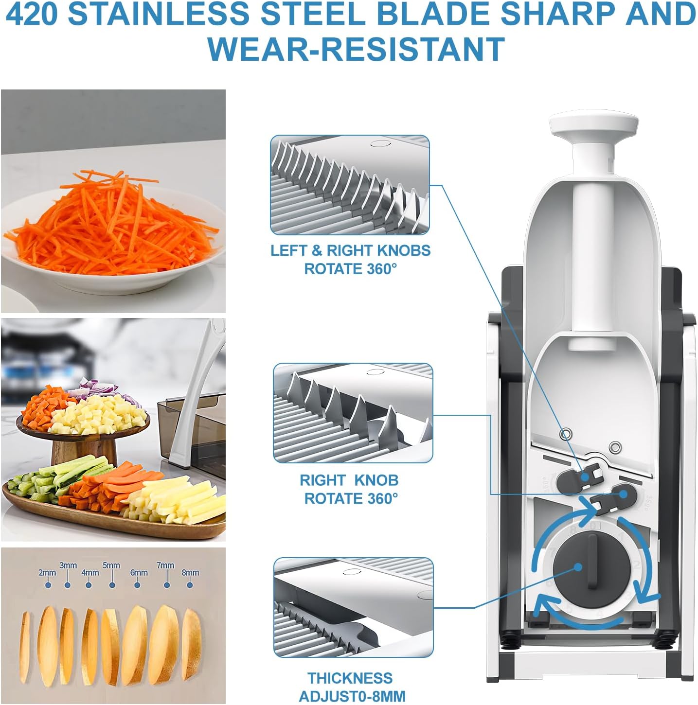 5 in 1 Adjustable Safe Mandoline Slicer for Kitchen with Paring Knife | Safe Mandoline Slicer for Kitchen, Easy to Clean/Storage, Potato Slicing, Strips, Shredding, Dicing, Chop, Cleaning brush