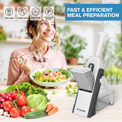 5 in 1 Adjustable Safe Mandoline Slicer for Kitchen with Paring Knife | Safe Mandoline Slicer for Kitchen, Easy to Clean/Storage, Potato Slicing, Strips, Shredding, Dicing, Chop, Cleaning brush