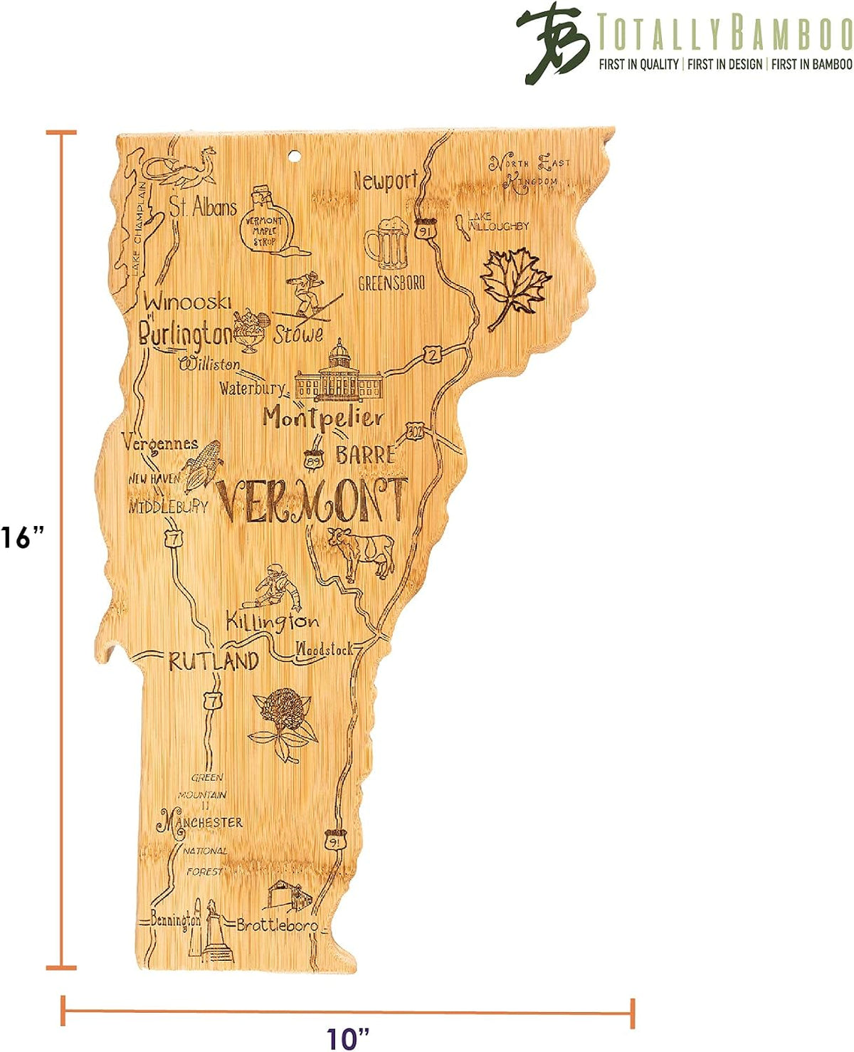 Destination Vermont State Shaped Cutting Board | State charcuterie serving board with engraved map artwork. Smooth reverse side for food prep. Hang tie for wall display.