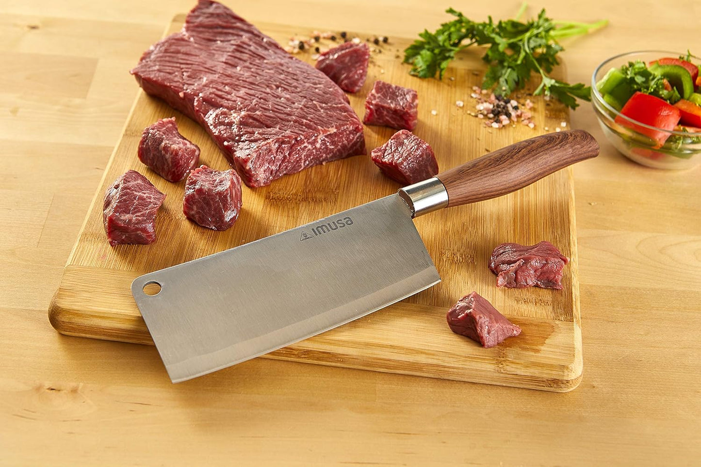IMUSA 5.5 Inch Chef Stainless Steel Cleaver Knife with Woodlook Handle | Mirror-Polished Blade, Ergonomic Grip, Rust-Resistant Construction, Ideal for Chopping and Slicing