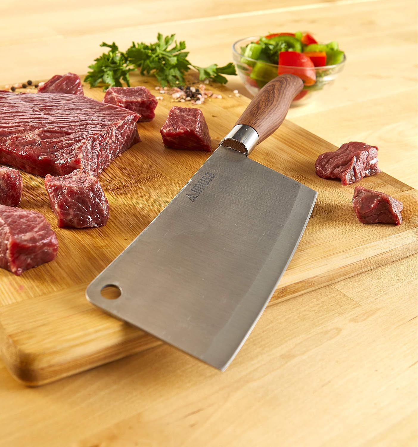 IMUSA 5.5 Inch Chef Stainless Steel Cleaver Knife with Woodlook Handle | Mirror-Polished Blade, Ergonomic Grip, Rust-Resistant Construction, Ideal for Chopping and Slicing