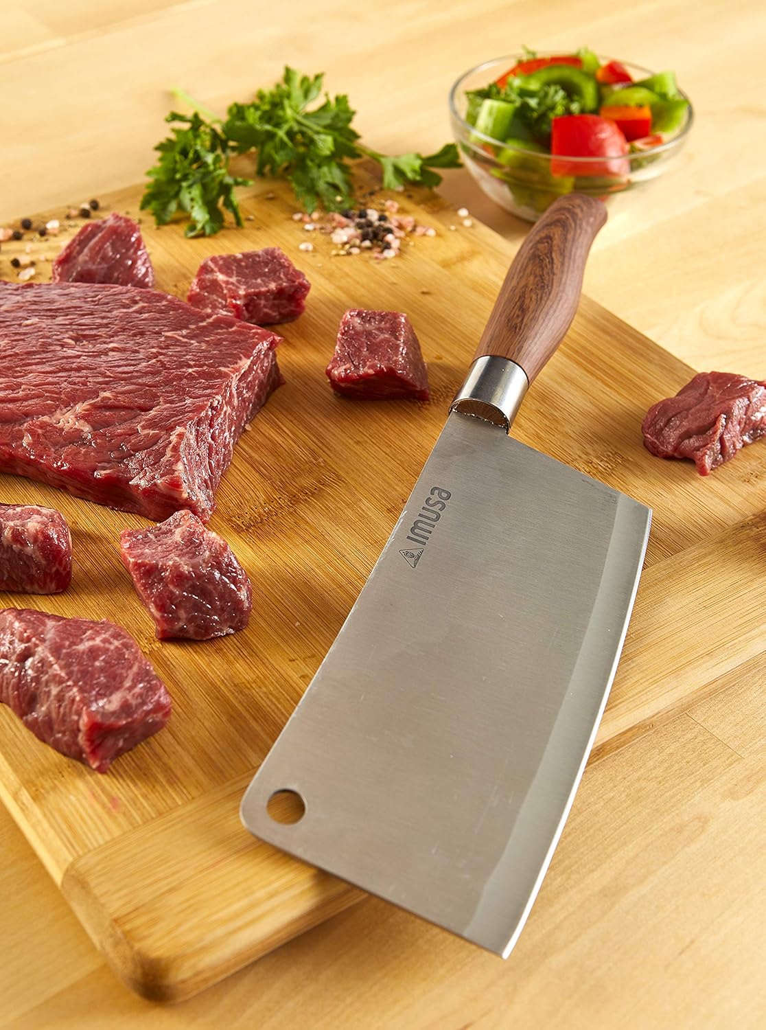 IMUSA 5.5 Inch Chef Stainless Steel Cleaver Knife with Woodlook Handle | Mirror-Polished Blade, Ergonomic Grip, Rust-Resistant Construction, Ideal for Chopping and Slicing