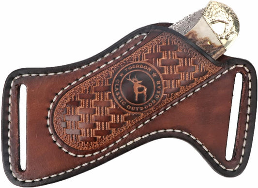 Leather Knife Sheath for Belt EDC Folding Pocket Knife Holster Compact Draw | 3mm thick leather, fits Buck 110 & compact folding knives, open top cross draw design, EDC carrier case gift for men