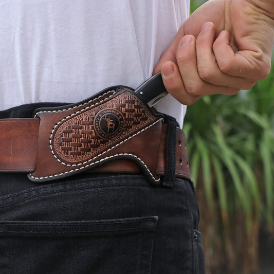 Leather Knife Sheath for Belt EDC Folding Pocket Knife Holster Compact Draw | 3mm thick leather, fits Buck 110 & compact folding knives, open top cross draw design, EDC carrier case gift for men