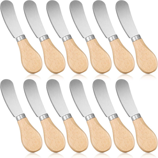 12 Pcs 4.7 Inch Cheese Spreader Knives Butter Knife Bulk Stainless Steel Butter Spreader Knives with Wooden Handle, Cheese Cake Condiment Knife Set for Sandwich, Cream, Charcuterie, Pastry