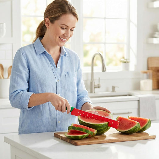Watermelon Knife with Sleeve for Melon Cutting, Long Serrated Bread Lettuce Vegetable Knife, Kitchen Fruit Melon Tomato Cutter Slicer, with Cover for Home Summer Party Camping Outdoor (Red Green)