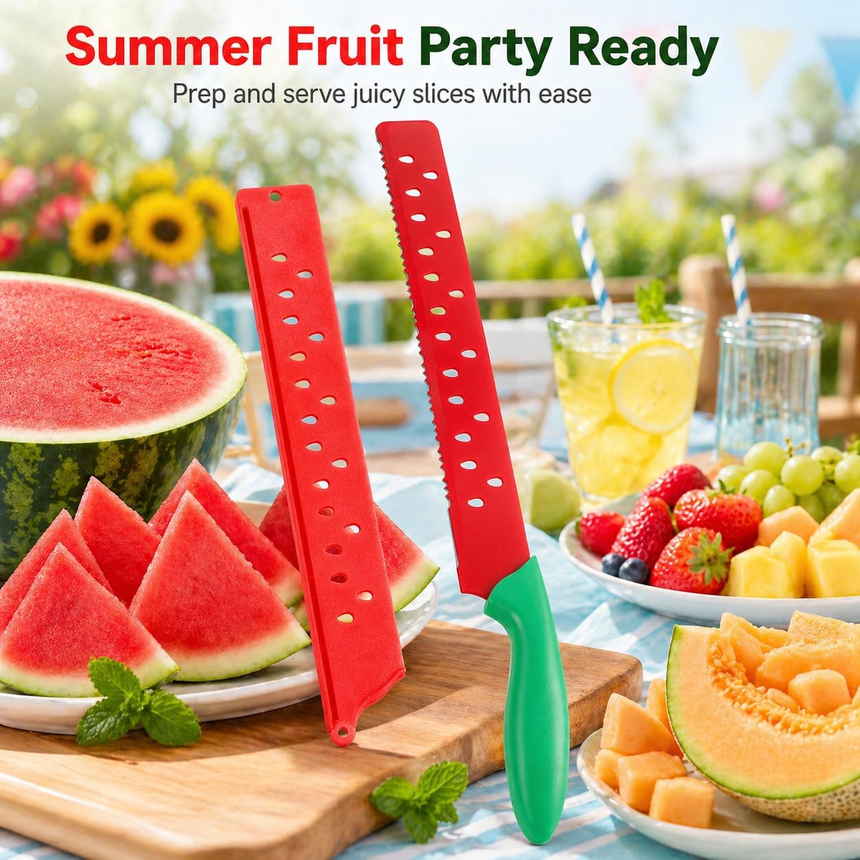 Watermelon Knife with Sleeve for Melon Cutting, Long Serrated Bread Lettuce Vegetable Knife, Kitchen Fruit Melon Tomato Cutter Slicer, with Cover for Home Summer Party Camping Outdoor (Red Green)