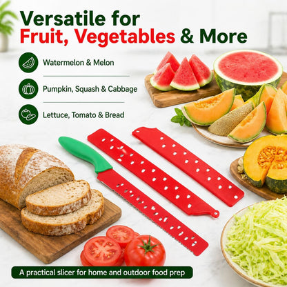 Watermelon Knife with Sleeve for Melon Cutting, Long Serrated Bread Lettuce Vegetable Knife, Kitchen Fruit Melon Tomato Cutter Slicer, with Cover for Home Summer Party Camping Outdoor (Red Green)