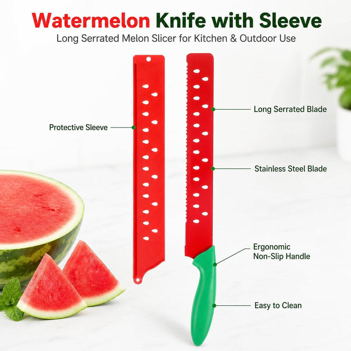Watermelon Knife with Sleeve for Melon Cutting, Long Serrated Bread Lettuce Vegetable Knife, Kitchen Fruit Melon Tomato Cutter Slicer, with Cover for Home Summer Party Camping Outdoor (Red Green)