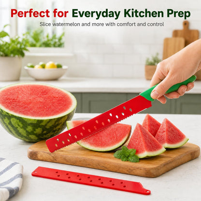 Watermelon Knife with Sleeve for Melon Cutting, Long Serrated Bread Lettuce Vegetable Knife, Kitchen Fruit Melon Tomato Cutter Slicer, with Cover for Home Summer Party Camping Outdoor (Red Green)