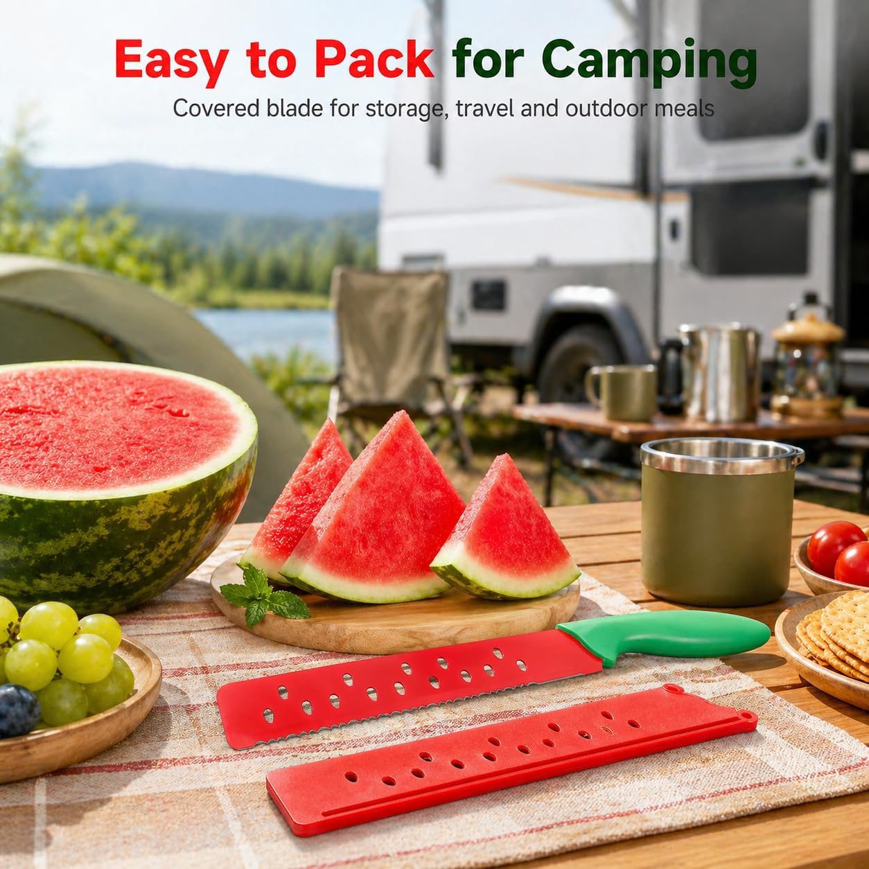 Watermelon Knife with Sleeve for Melon Cutting, Long Serrated Bread Lettuce Vegetable Knife, Kitchen Fruit Melon Tomato Cutter Slicer, with Cover for Home Summer Party Camping Outdoor (Red Green)