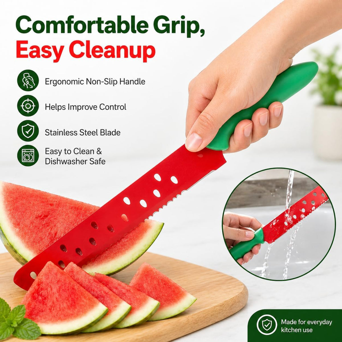 Watermelon Knife with Sleeve for Melon Cutting, Long Serrated Bread Lettuce Vegetable Knife, Kitchen Fruit Melon Tomato Cutter Slicer, with Cover for Home Summer Party Camping Outdoor (Red Green)