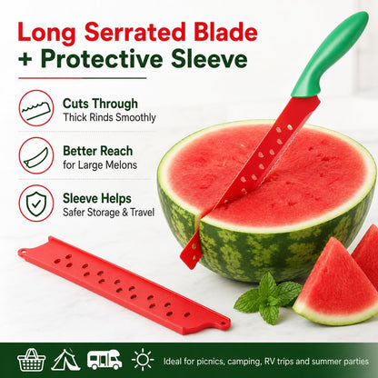 Watermelon Knife with Sleeve for Melon Cutting, Long Serrated Bread Lettuce Vegetable Knife, Kitchen Fruit Melon Tomato Cutter Slicer, with Cover for Home Summer Party Camping Outdoor (Red Green)