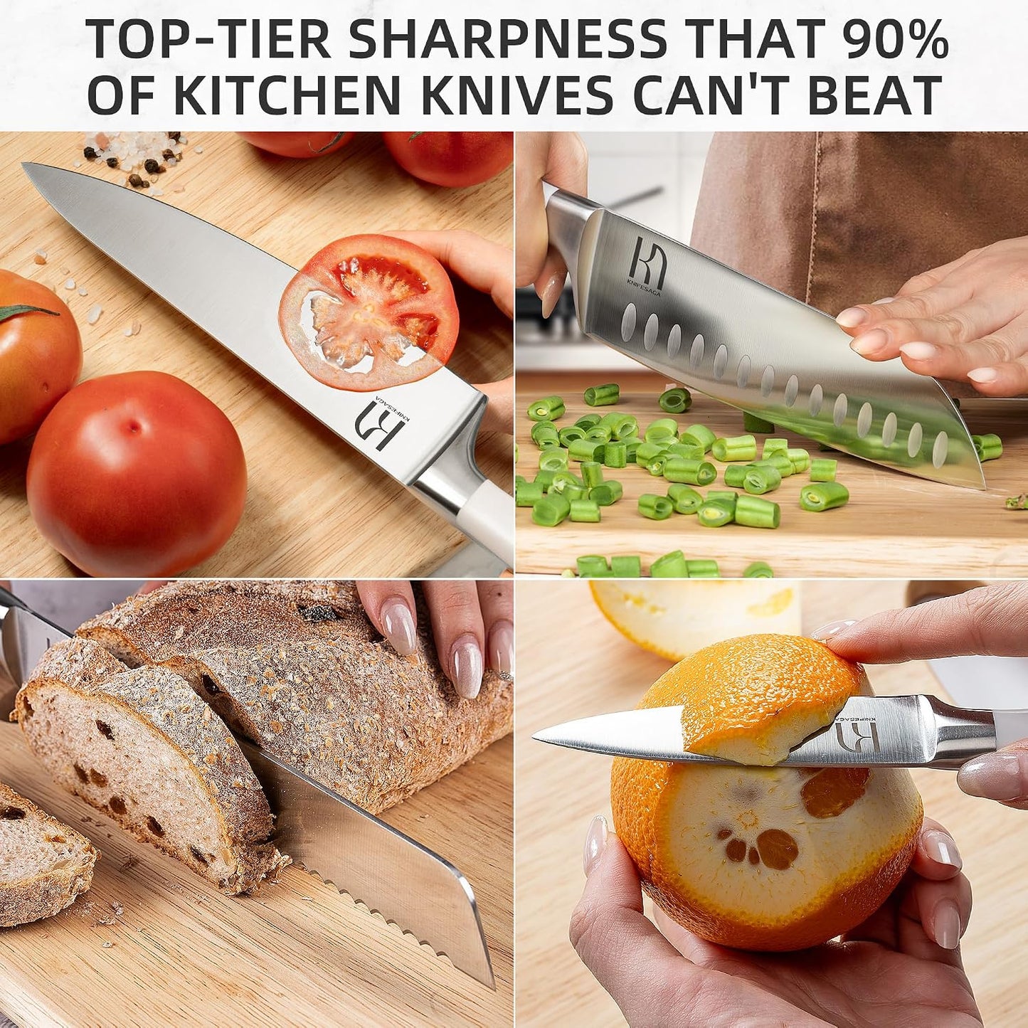 Knife Set Premium, Japanese 15 Pcs High Carbon Stainless Steel Kitchen Knife Block Set with Sharpener, Razor Sharp Knives Set for Kitchen with Natural Wood Block, Long-Lasting Edge